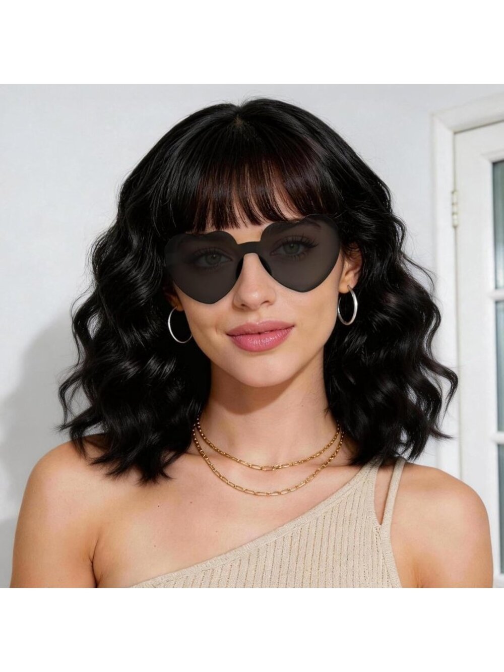 Women's Black Synthetic Curly Wavy Shoulder Length Modern Hair Bob Wigs